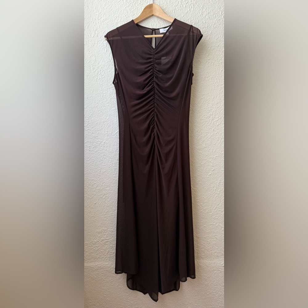 LYRA MESH RUCHED MIDI DRESS IN CHOCOLATE - Picture 4 of 9